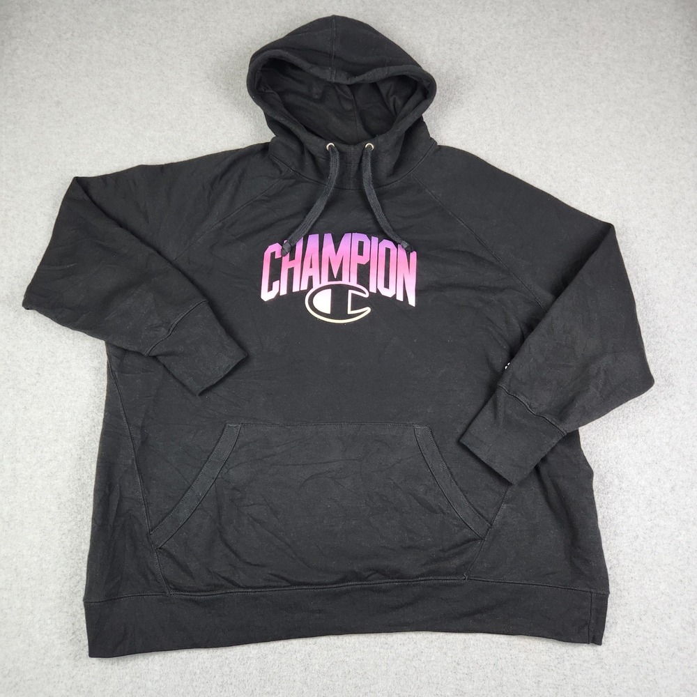 Champion Oversized Hoodie Women 3X Black Fleece Lined Long Sleeve Spell Out Logo